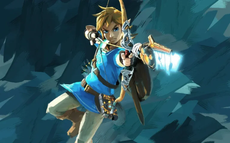 Link, pahlawan Legend of Zelda, membidik dengan busur panah berenergi biru menyala.