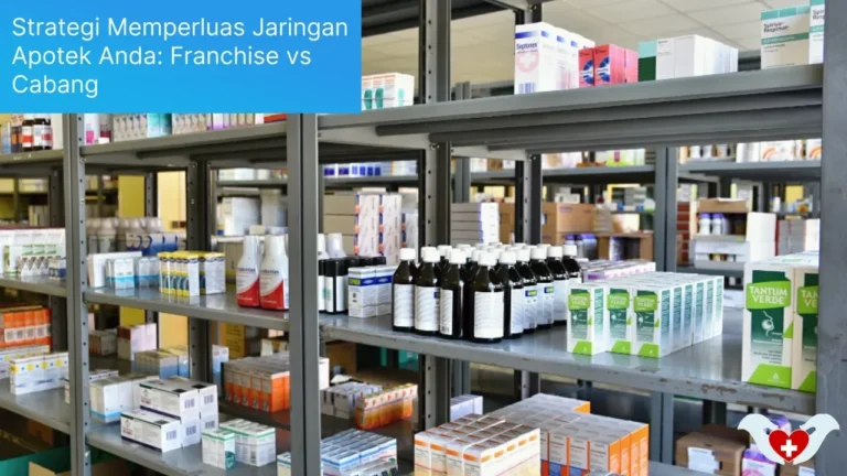 Berbagai macam obat dan produk farmasi tersusun rapi di rak penyimpanan apotek.