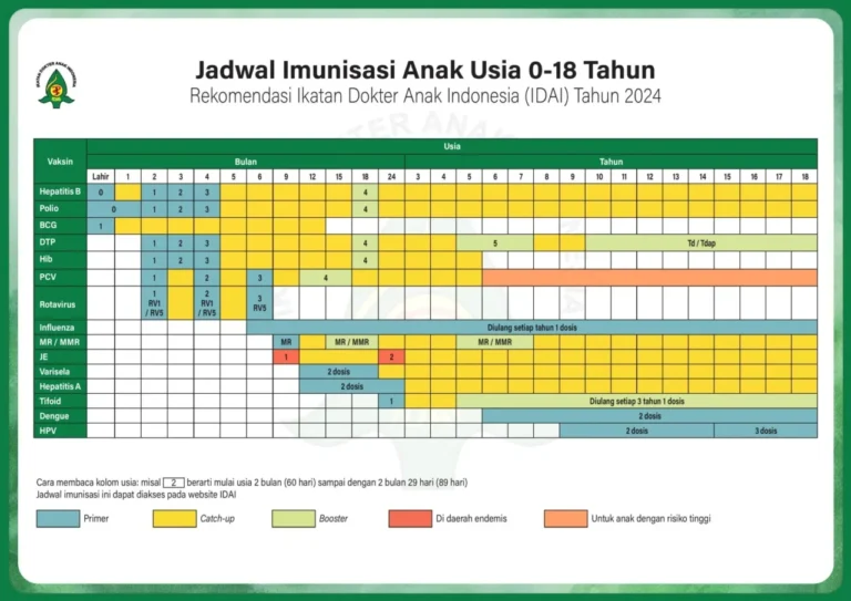 Jadwal imunisasi anak usia 0-18 tahun rekomendasi Ikatan Dokter Anak Indonesia (IDAI) tahun 2024.