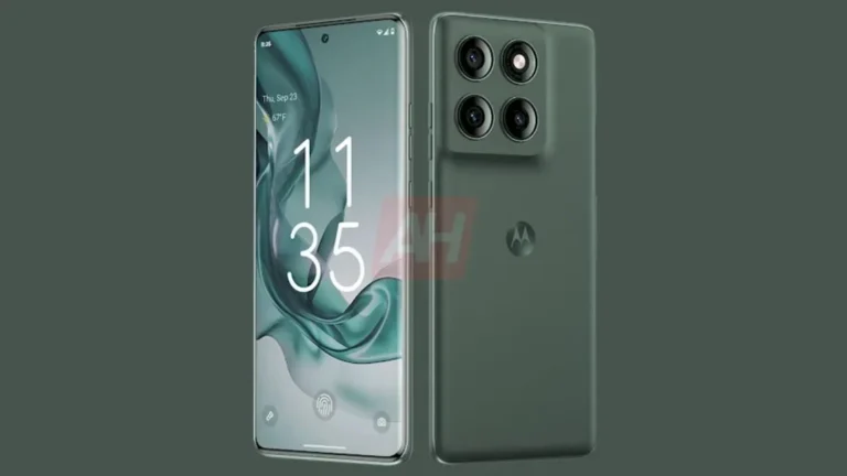 Render ponsel Motorola Edge 70 warna hijau gelap, menunjukkan desain ramping depan dan belakang dengan empat kamera.