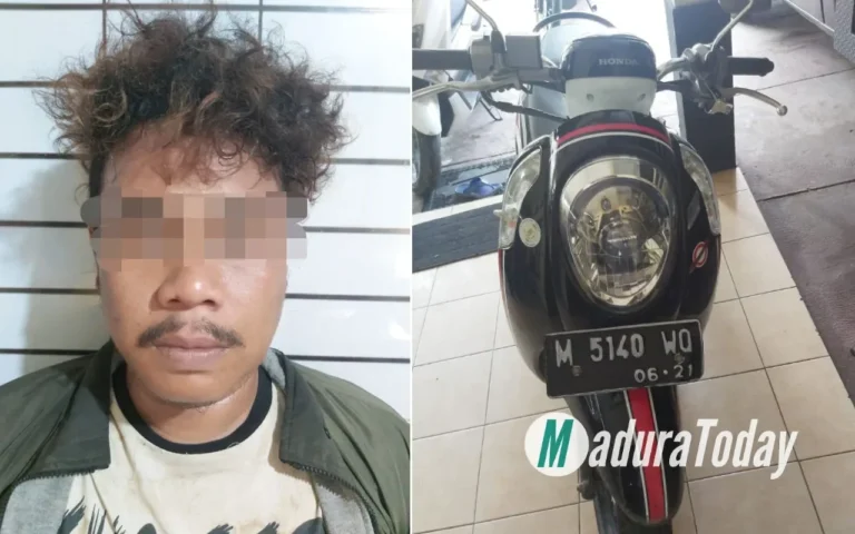 Seorang pria wajah diburamkan dan barang bukti sepeda motor Honda Scoopy hitam dengan nopol M 5140 WO.
