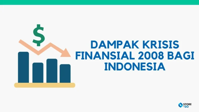 Grafik penurunan ekonomi Indonesia akibat krisis finansial 2008, ditandai simbol dolar dan panah ke bawah.