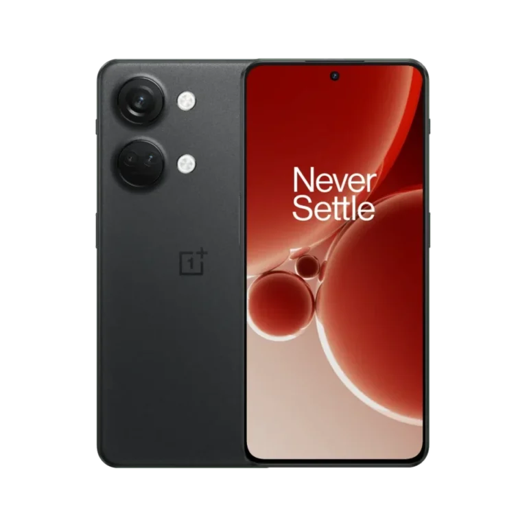 Smartphone OnePlus hitam menampilkan kamera ganda belakang dan layar dengan slogan "Never Settle".