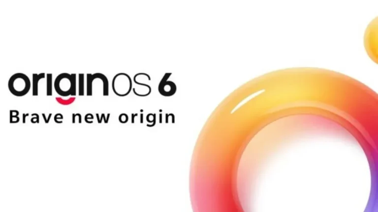 Logo OriginOS 6 dengan tagline "Brave new origin" dan desain lingkaran warna-warni abstrak.