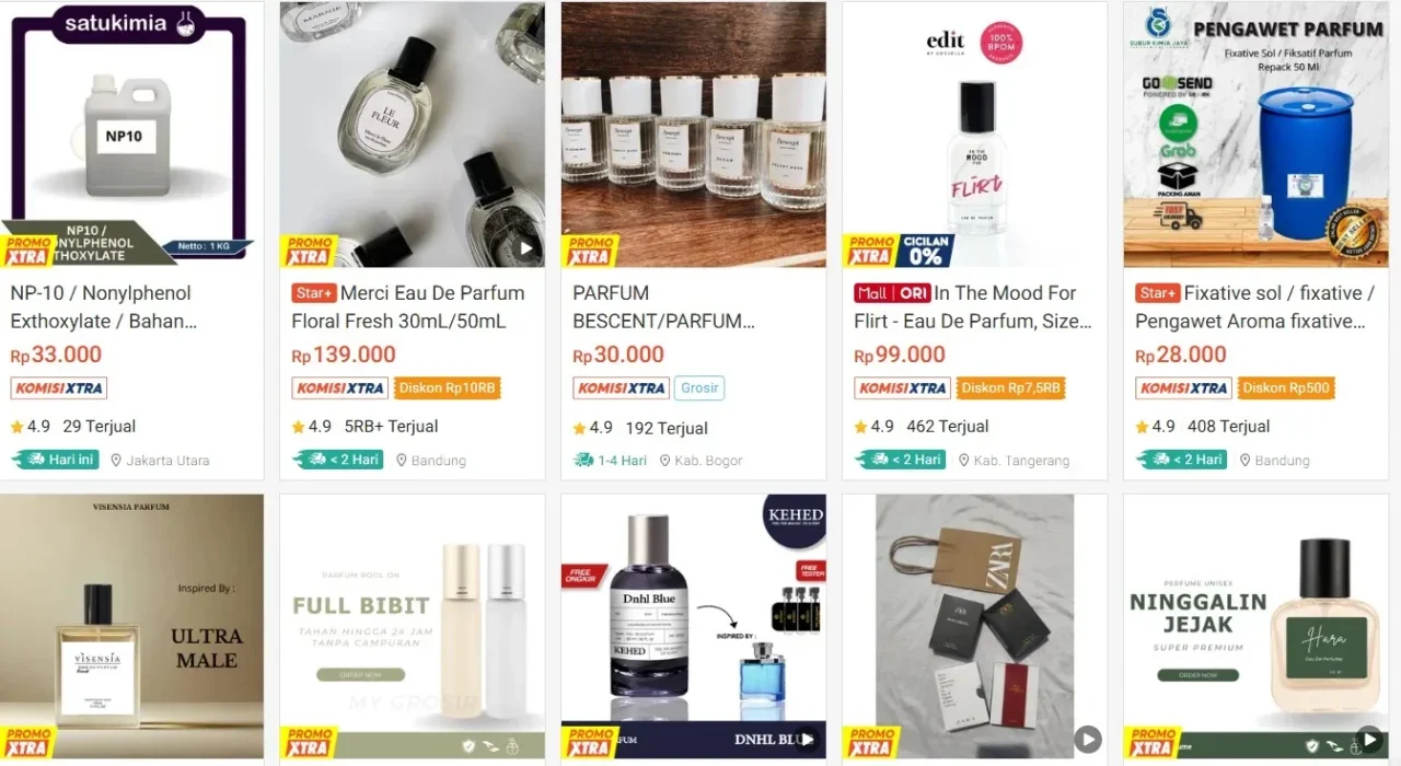 Grid iklan produk parfum, bibit, bahan kimia NP10, dan pengawet aroma di platform e-commerce.