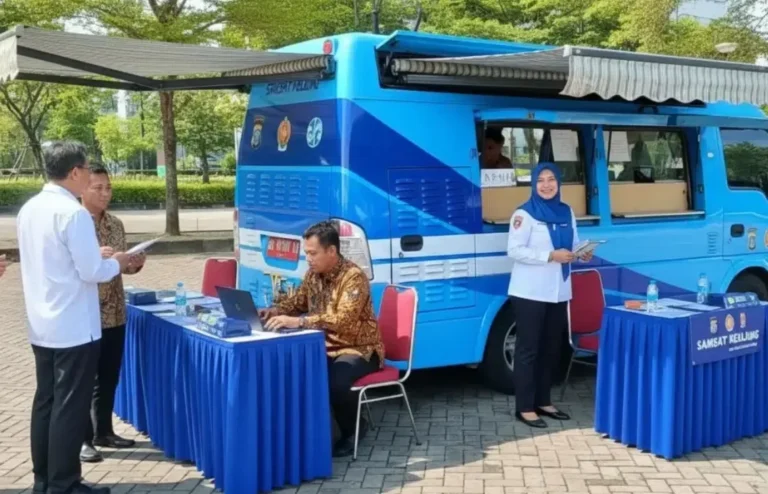 Petugas SAMSAT Keliling melayani pembayaran pajak kendaraan bermotor di area publik dengan mobil biru.