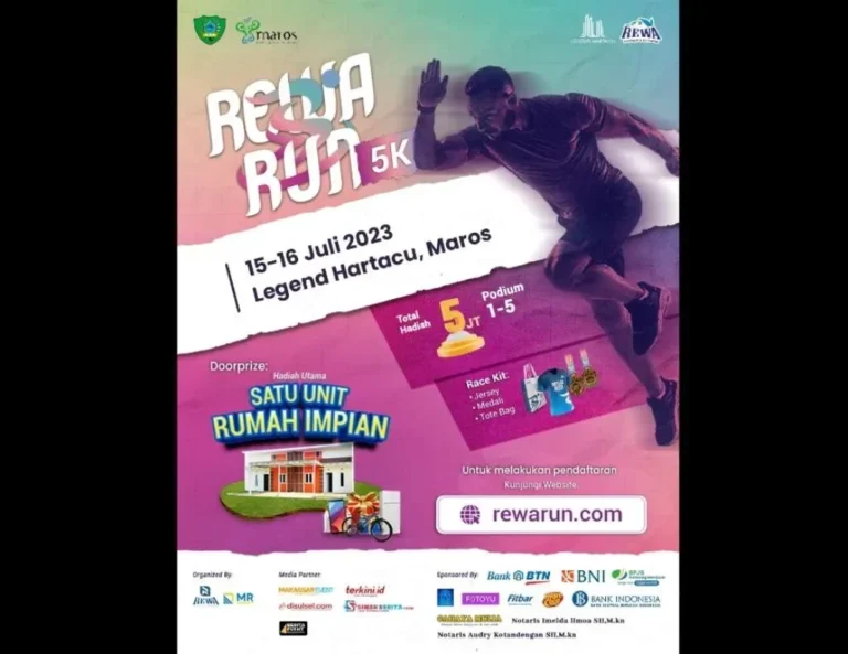 Poster REWA RUN 5K di Maros pada 15-16 Juli 2023, tawarkan hadiah utama rumah impian.