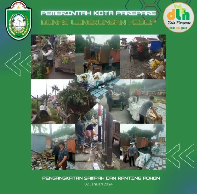 Kolase foto petugas kebersihan mengumpulkan sampah dan ranting pohon di berbagai lokasi.