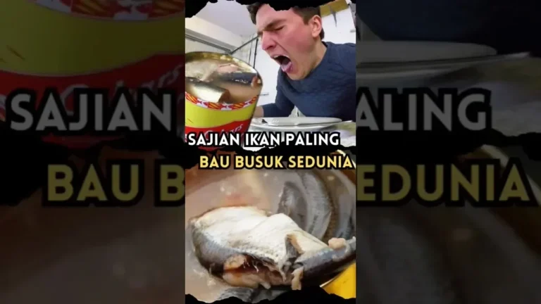 Seorang pria bereaksi ekstrem saat mencicipi Surströmming, ikan fermentasi kalengan yang baunya menyengat.