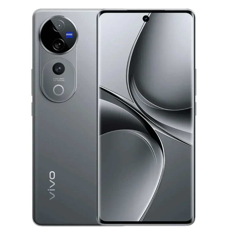 Desain elegan Vivo V60e berwarna silver, memperlihatkan kamera belakang ZEISS dan layar depan melengkung.