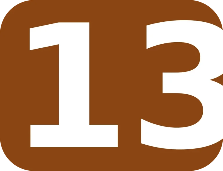 Ilustrasi angka tiga belas berwarna putih dengan latar belakang coklat.