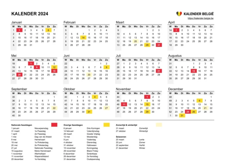Kalender lengkap tahun 2024 untuk Belgia, menampilkan hari libur nasional dan tanggal penting lainnya.