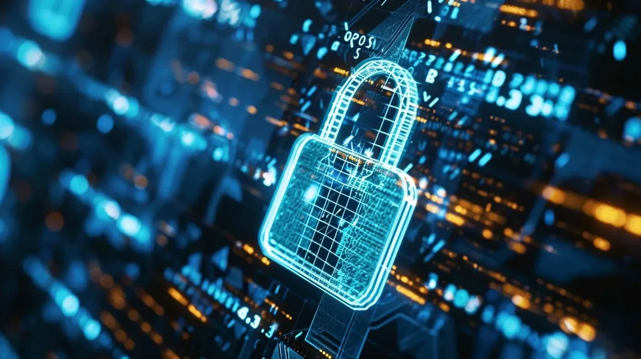 Gembok digital bersinar di latar belakang data, mewakili keamanan siber dan ancaman online.